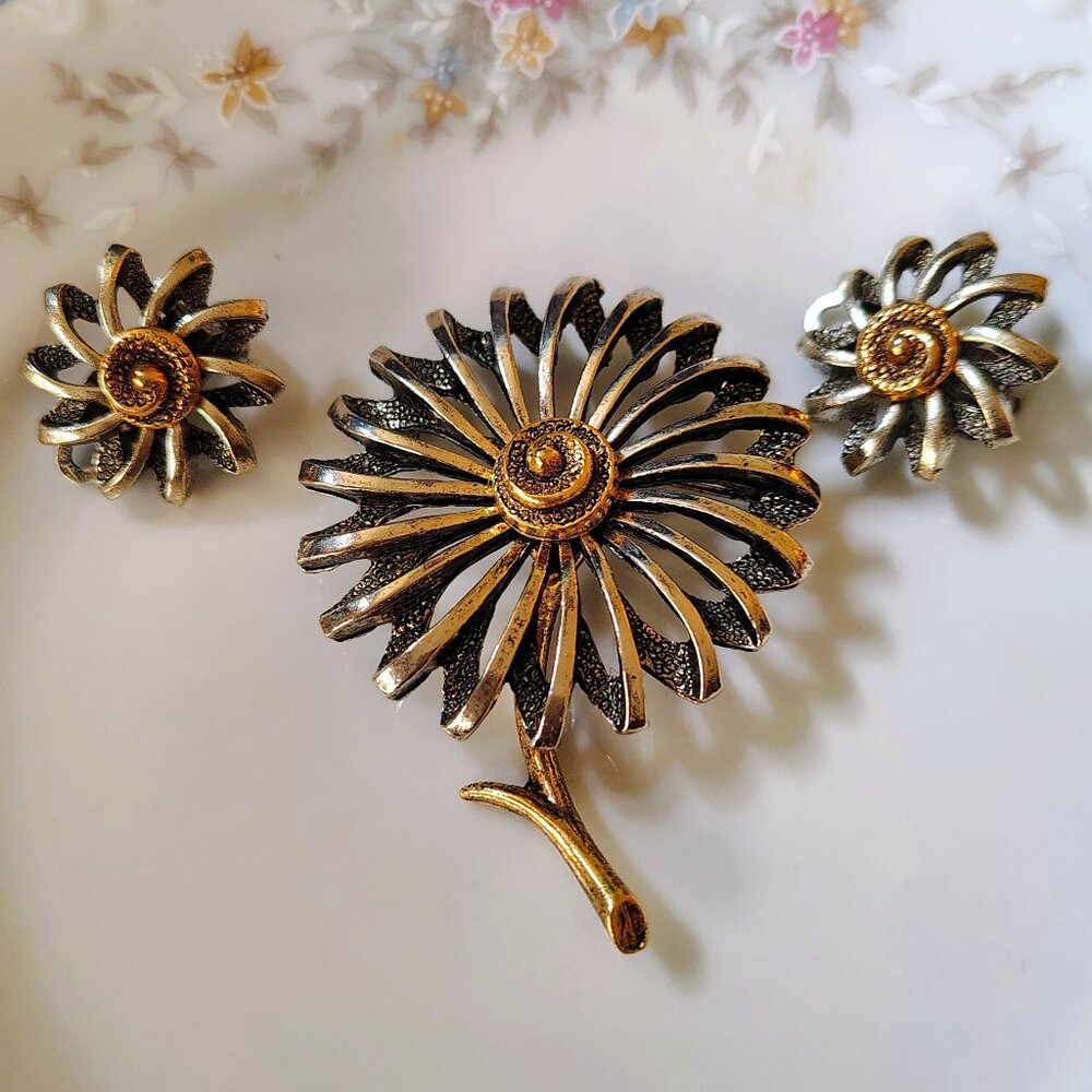 Vtg Big Arthur Pepper ART Signed Gold Silver Tone Flower Brooch Earrings MCM Set
